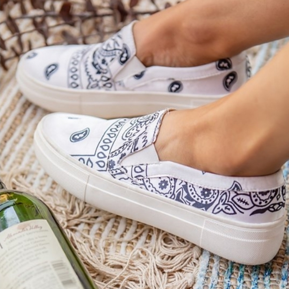 White & Black Paisley Slip On Shoes